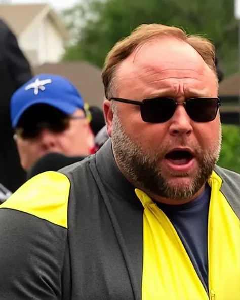 alexjones person wearing a tight leather yellow vest and matching Pikachu costume and making a shocked facial expression. <lora:Alex Jones - Trigger w Alexjones Person:1>