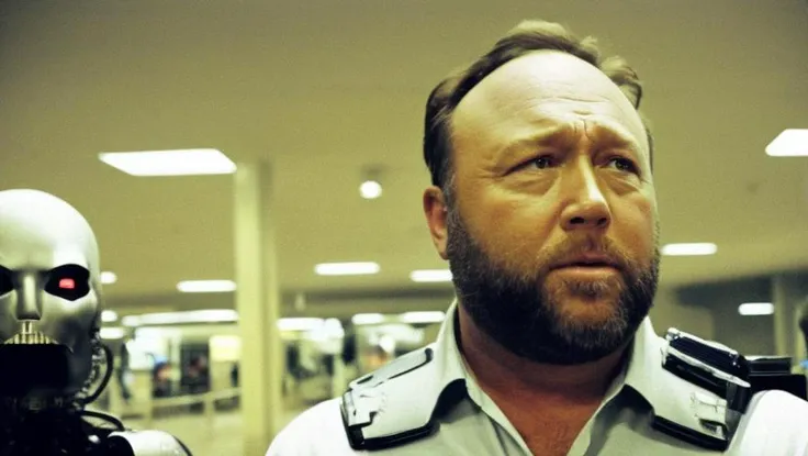 <lora:Alex Jones - Trigger w Alexjones Person:1> film scene with alexjones person in post-apocalypse shopping mall, post-apocalypse amusement park. Polaroid instant cameras, and low shot with sitting on an examination table in front of several alien cyborgs examining the head injury the cyborgs inflicted.