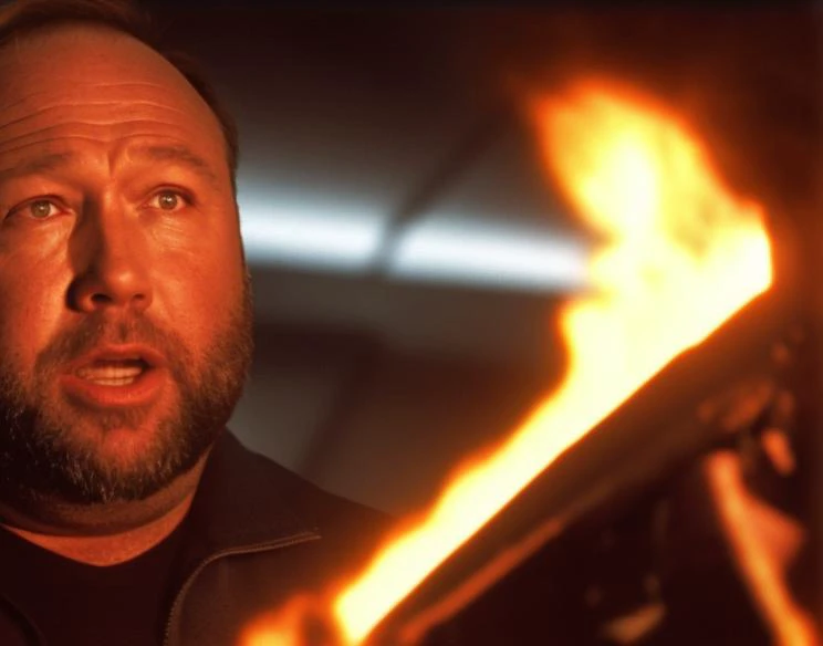 <lora:Alex Jones - Trigger w Alexjones Person:1> Movie scene of Alexjones person in a scene from Aliens 1986 where he's using a flamethrower on a spaceship. volumetric lighting