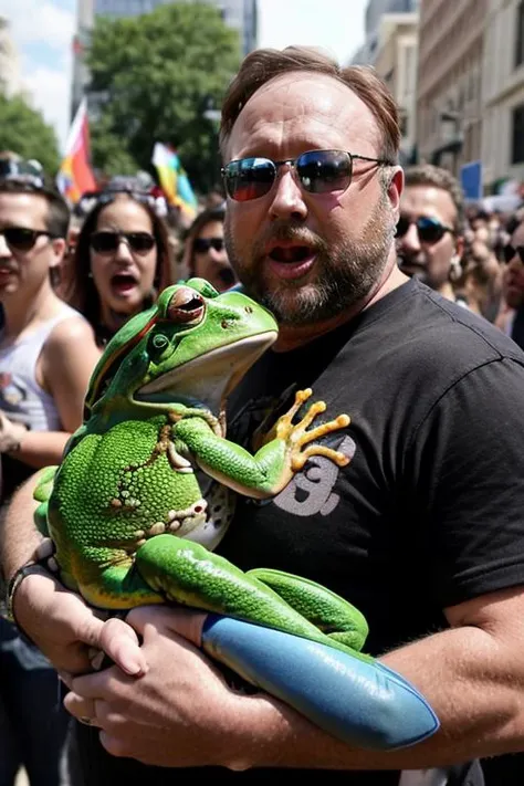 best quality, alexjones person,  <lora:Influential - Alex Jones (DSlater):1.3>, gay pride parade, ((frogs)))