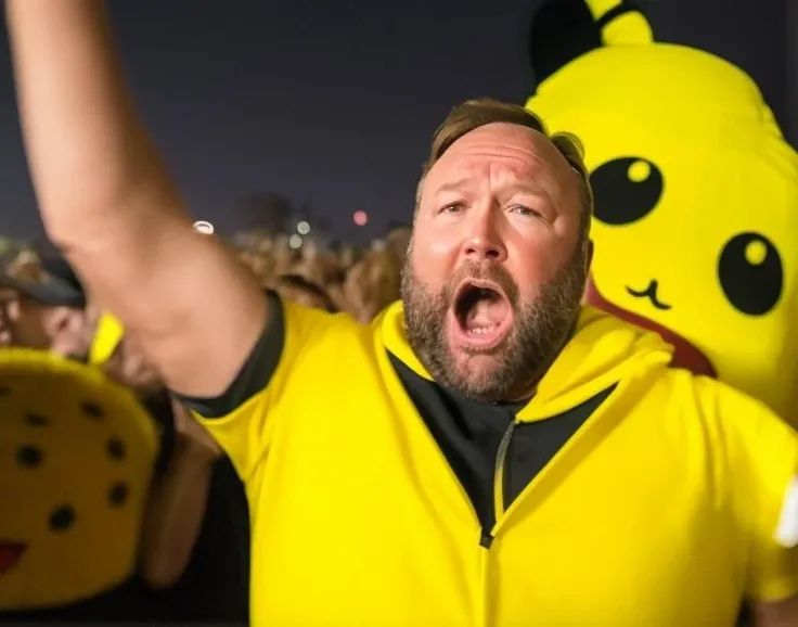 Closeup of alexjones person wearing a yellow Pikachu costume and making a shocked facial expression. <lora:Alex Jones - Trigger w Alexjones Person:1>
