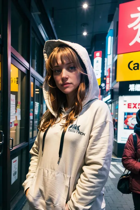fleurgeffrier, a woman wearing hoodie in tokyo <lora:fleurgeffrier:0.9>