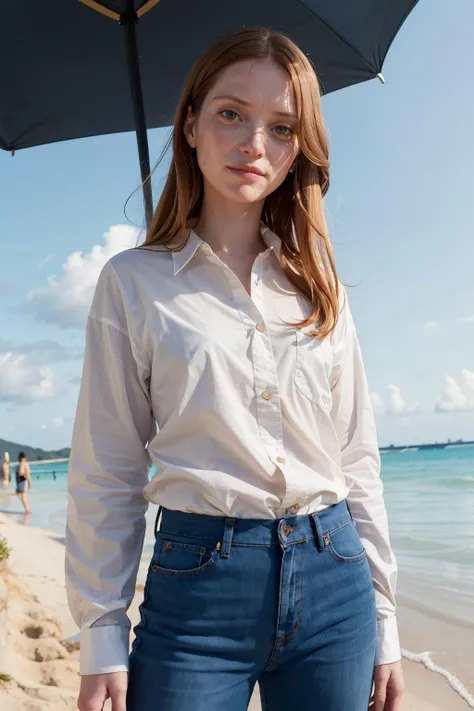 fleurgeffrier, a woman wearing shirt and jeans at the beach <lora:fleurgeffrier:0.9>