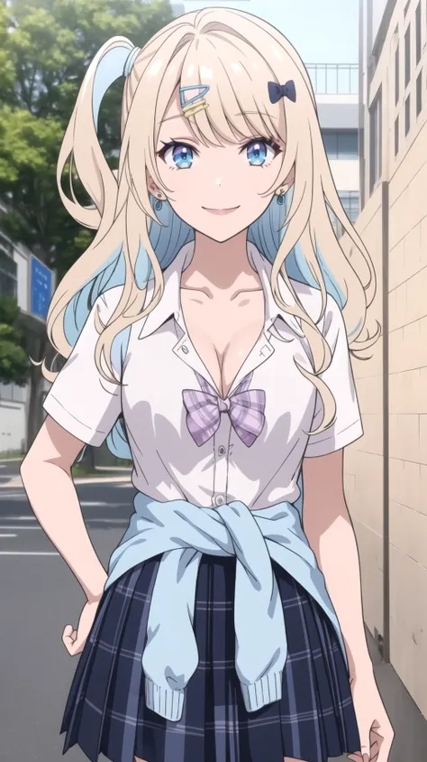 (masterpiece, best quality), ShirakawaRuna, 1girl, blonde hair, multicolored hair, bangs, one side up, long hair, blue eyes, hairclip, jewelry, earrings, medium breasts, gyaru, cleavage, collarbone, school uniform, white shirt, short sleeves, bow, blue skirt, plaid skirt, sweater around waist, smile,
