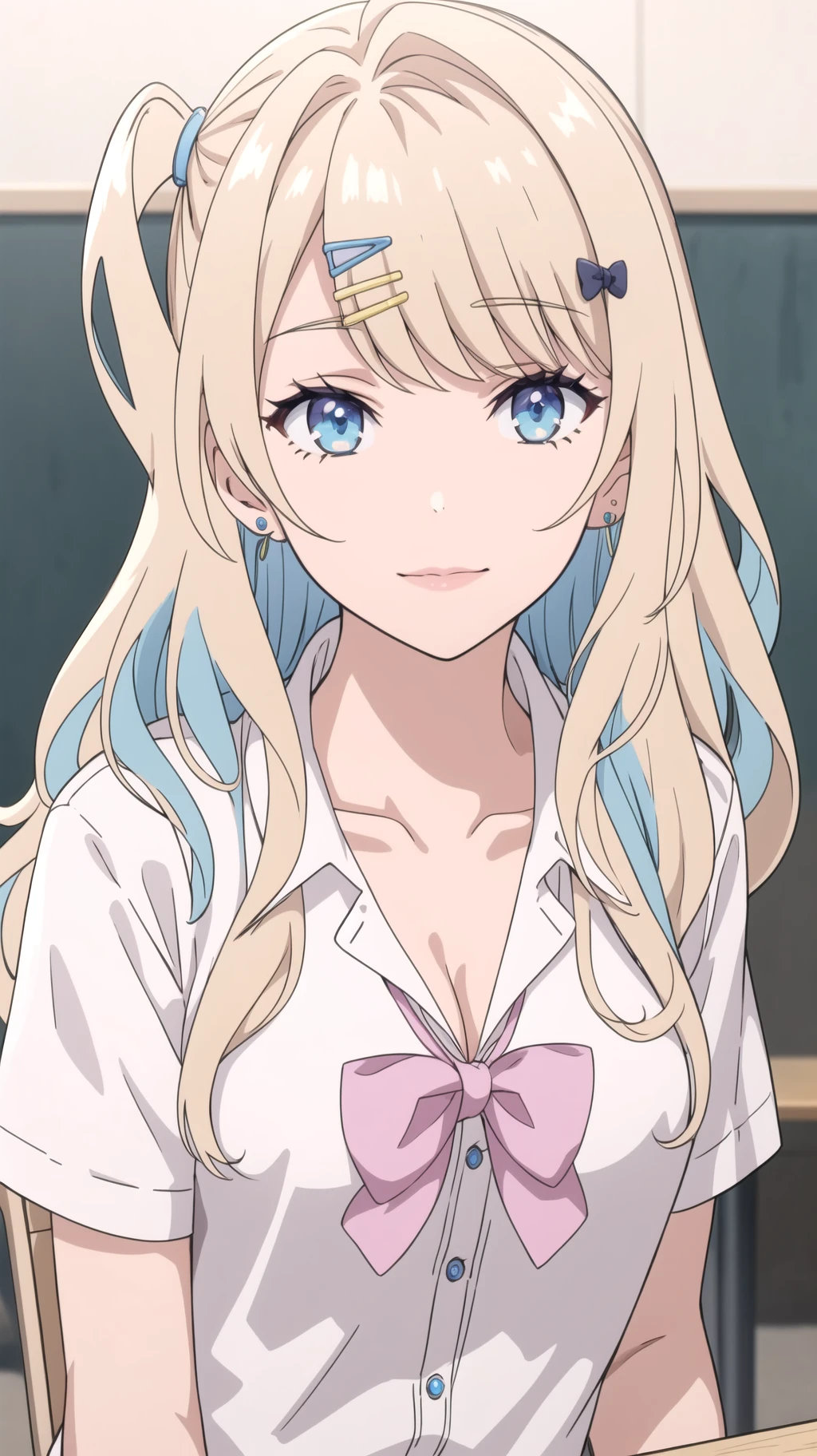 (masterpiece, best quality), ShirakawaRuna, 1girl, blonde hair, multicolored hair, bangs, one side up, long hair, blue eyes, hairclip, jewelry, earrings, medium breasts, gyaru, cleavage, collarbone, school uniform, white shirt, short sleeves, bow, close-up, <lora:ShirakawaRuna by Raelina:0.8>