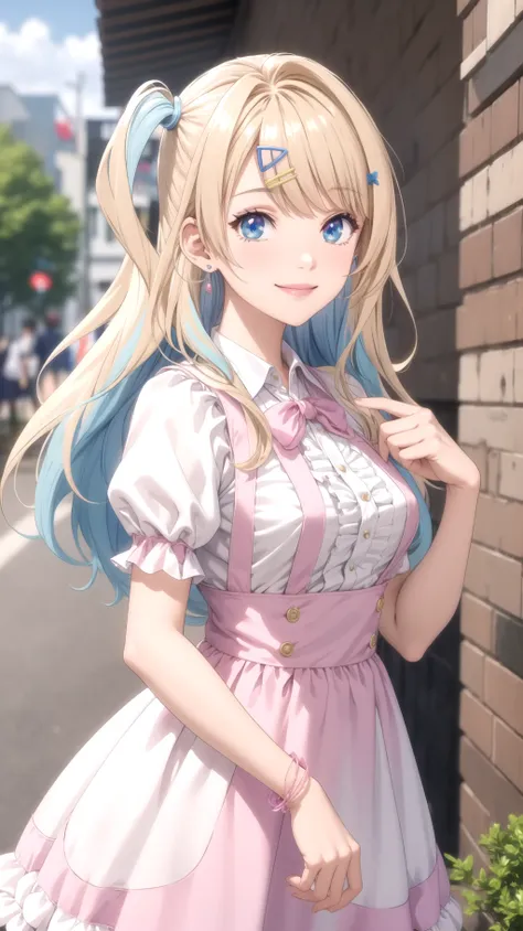 (masterpiece, best quality), ShirakawaRuna, 1girl, blonde hair, multicolored hair, bangs, one side up, long hair, blue eyes, hairclip, jewelry, earrings, medium breasts, frills, puffy sleeves, puffy short sleeves, suspenders, frilled skirt, pink skirt, smile, blush, looking at viewer, <lora:ShirakawaRuna by Raelina:0.8>