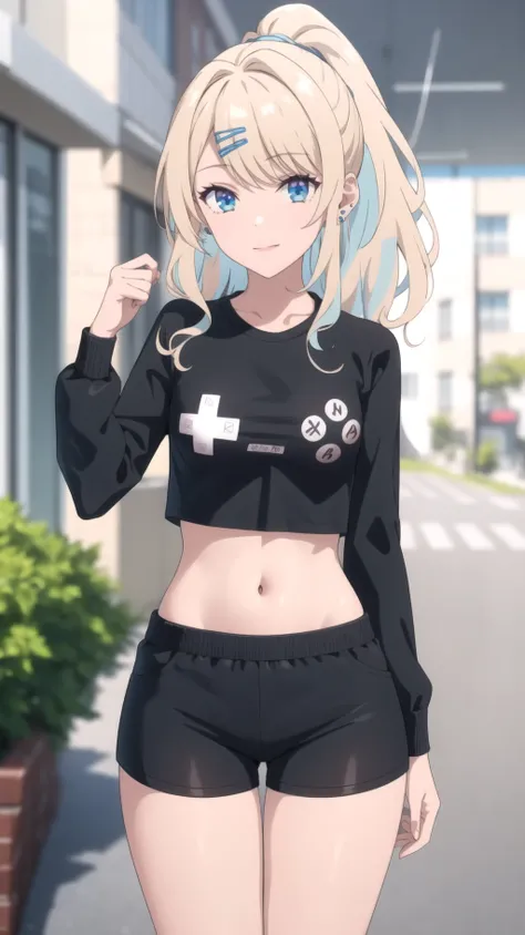 (masterpiece, best quality), ShirakawaRuna, 1girl, blonde hair, multicolored hair, bangs, long hair, blue eyes, hairclip, ponytail, jewelry, earrings, medium breasts, <lora:ShirakawaRuna by Raelina-000008:0.8>,  <lora:GameController092602:0.8> game controller print,navel, stomach, midriff, shrug \(clothing\), cowboy shot, crop top, long sleeves, short shorts, ass visible through thighs, thighs, black shirt, looking at viewer, black shorts, standing, thigh gap,black shirt,