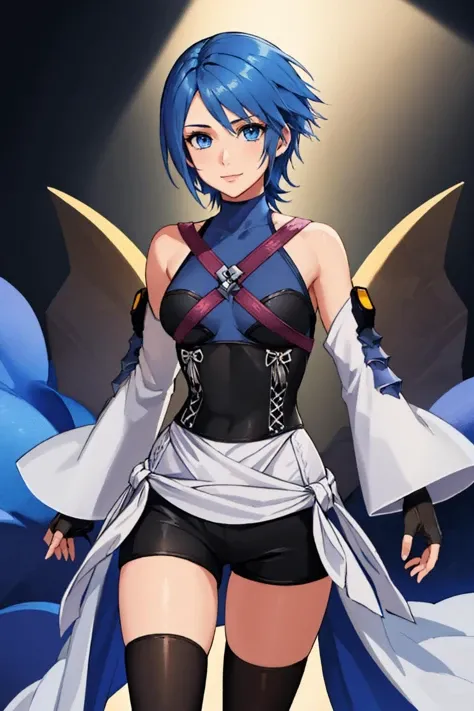(masterpiece, best quality:1.2), solo, 1girl, khaqua, slight smile, looking at viewer, sleeveless, detached sleeves, fingerless gloves, shorts, black thighhighs, bare shoulders <lora:kingdomhearts_aqua-10:1>