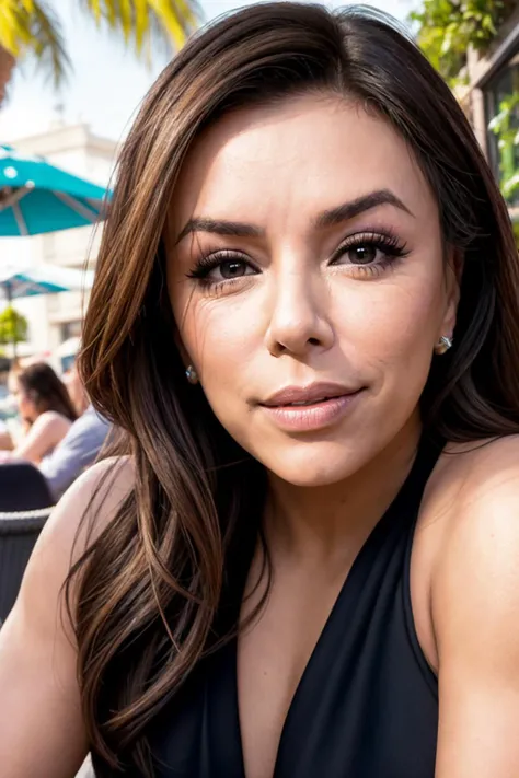 evaLong1 piercing eyes, looking straight, very happy,long hair, closeup portrait, in a outdoor cafe in 2015, afternoon light