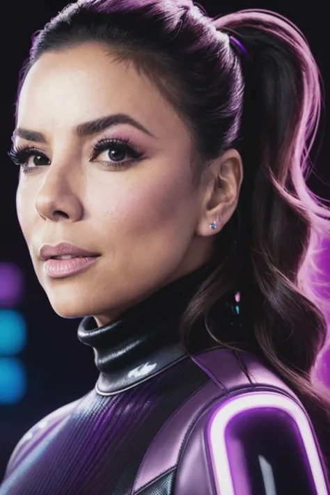 Beautiful latina woman body top model victoria secret wearing purple leather space suit with sexy and friendly smile