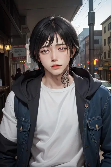 (1male:1.6),solo,male focus,<lora:Benimaru:0.7>,25 year old,(black hair:1.2),(red eyes:1.2),(symbol-shaped pupils:1.3),(right eye "o"),(left eye "x"),white colored pupils,(pale skin:1.4),handsome,hair in front of face,tattooed skin,distressed jeans,black hoodie,lean,athletic,(fully clothed:1.2),city background,dramatic,Shimon_Benimaru,looking at viewer,(best quality:1.4),[:intricate details:0.2],masterpiece,detailed background,semirealistic,(mood lighting:1.1),Benimaru,