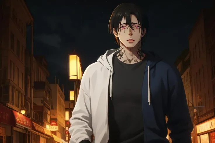 (1male:1.6),solo,male focus,25 year old,<lora:ShinmonBenimaru:0.8>,black hair,red eyes,symbol-shaped pupils,(right eye "o"),(left eye "x"),white colored pupils,(pale skin:1.4),handsome,hair in front of face,lean,athletic,tattooed skin,distressed jeans,black hoodie,(fully clothed:1.2),nighttime,city background,dramatic,Shimon_Benimaru,looking at viewer,(best quality:1.4),[:intricate details:0.2],masterpiece,detailed background,semirealistic,(mood lighting:1.2),