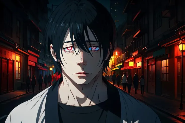 (1male:1.6),solo,male focus,<lora:Benimaru:0.8>,25 year old,(black hair:1.2),(red eyes:1.2),(symbol-shaped pupils:1.3),(right eye "o"),(left eye "x"),white colored pupils,(pale skin:1.4),handsome,hair in front of face,lean,athletic,(fully clothed:1.2),city background,dramatic,Shimon_Benimaru,looking at viewer,(best quality:1.4),[:intricate details:0.2],masterpiece,detailed background,semirealistic,(mood lighting:1.1),Benimaru,