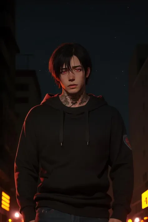 (1male:1.6),solo,male focus,25 year old,<lora:ShinmonBenimaru:0.8>,black hair,red eyes,symbol-shaped pupils,(right eye "o"),(left eye "x"),white colored pupils,(pale skin:1.4),handsome,hair in front of face,lean,athletic,tattooed skin,distressed jeans,black hoodie,(fully clothed:1.2),nighttime,city background,dramatic,Shimon_Benimaru,looking at viewer,(best quality:1.4),[:intricate details:0.2],masterpiece,detailed background,semirealistic,(dynamic pose:1.2),(mood lighting:1.2),Benimaru from Fire Force,
