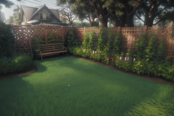 <lora:gardentestbritish-07:0.8> PleasantGarden , Lawn, Bushes, Bench, Fence