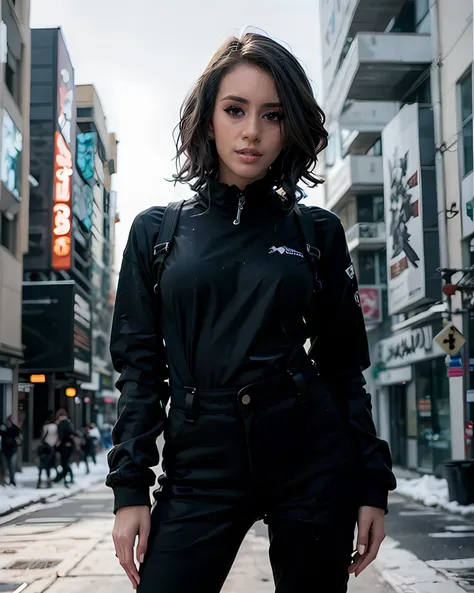 (masterpiece:1.2, best quality:1.2, high resolution), <lora:Janise_Griffith-10:0.9> janise_griffith, smile, standing, outdoor, model, ((cyberpunk)), (cyberpunk clothes), sun, sky, shadow, sun rays, (cyberpunk jacket), (black shirt:1.2), ((jumpsuit pants with suspenders)), (ski-fi), future,