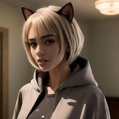 (masterpiece:1.2, best quality:1.2, high resolution), 1girl, <lora:Janice_Griffith_v2-03:1>  , janice griffith, medium hair, white hair,  indoor, detailed room, bedroom, detailed face, photo, realistic,  standing, waist, (gray cloak:1.1), t-shirt,  (cat ears:1.1),