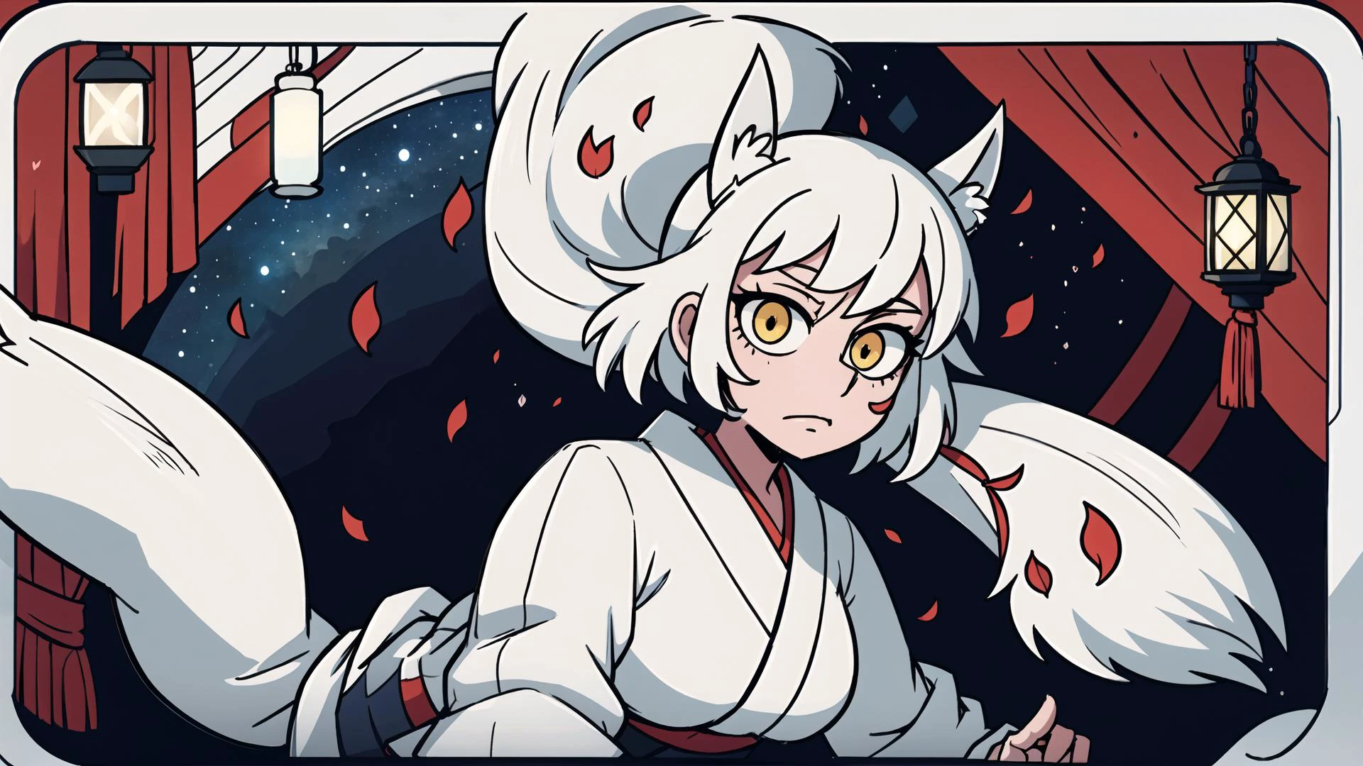 <lora:Helltaker:0.5>, (masterpiece, top quality, best quality, official art, white skin, beautiful and aesthetic:1.2), (1girl), (detailed yellow eyes), extreme detailed eyes, (perfect face), (white kimono with red lines:1.3), dynamic pose, (colorful), highest detailed, intricate, (perfect face), shiny skin, (white fox), (sakura petal), cinematic light, high contrast, full moon, (starry sky background:1.3), (floating lantern:1.2) <lora:animetarotV51:1> {} background