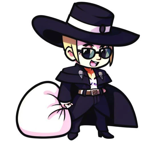 masterpiece, best quality, highres, PadoruMeme, <lora:PadoruMeme:1.0>, 1boy, solo, 1sack, (detailed white sack:1.5), (holding sack:1.3), Johnny, (black clothes:1.6), :d, blonde hair, low ponytail, (sunglasses:1.3), brown gloves, Johnny, ( perfect cowboy hat:1.5), (Open coat:1.4), (perfect pectorals:1.5), <lora:johnny-gg-richy-v1:0.7>, full body, (simple white background:1.5)