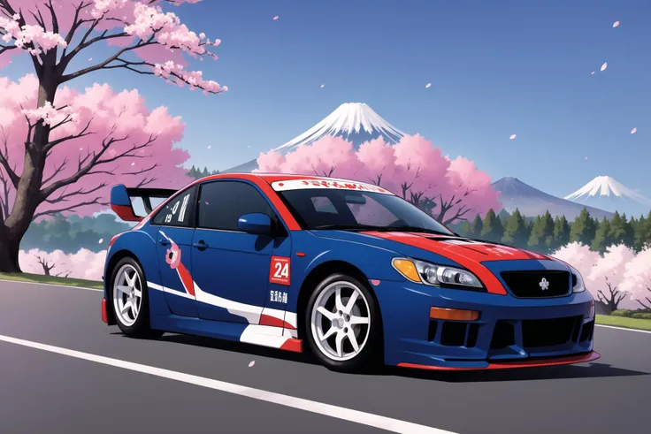 race car in front of Mt. Fuji, cherry blossoms,, (masterpiece),