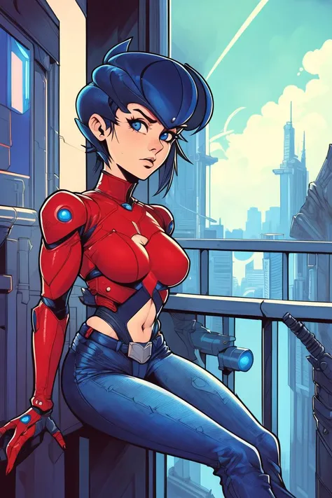 girl, upper body, (hotify:1.2), (girlfriend:1.4), (Futuristic,Balcony:1.4),Bodybuilder,Small Breasts,(Head Rest),Short Hair,Pigtails,(indigo Top,crimson Jeans:1.3),fate/stay night,Shoes ,(masterpiece,detailed,highres:1.4) <lora:novel_bright:0.6>