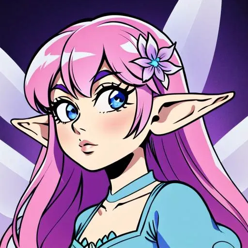 masterpiece, best quality, high quality, ultra-detailed illustration, extremely delicate and beautiful fairy 1girl, (light purple long hair), (blue eyes), (elf ears), (small breasts, sassy:1.2), (blue fairy wings:1.2), (pink hair flower:1.1), (headshot, closeup, portrait)