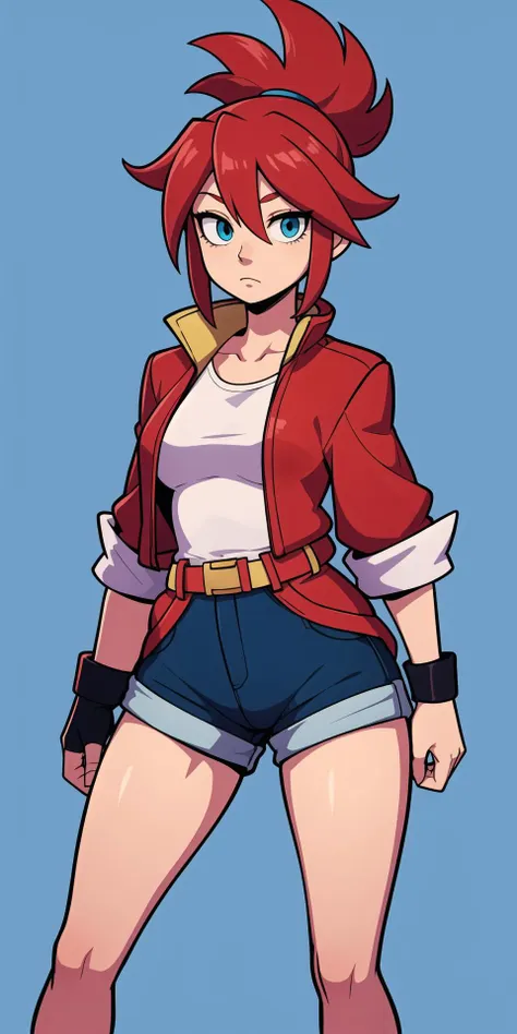 <lora:korsica:0.5>,red hair, red jacket, shorts, white shirt, thighighs,blue eys,belt,simple background,blue backgroundm,(chibi:0.7)