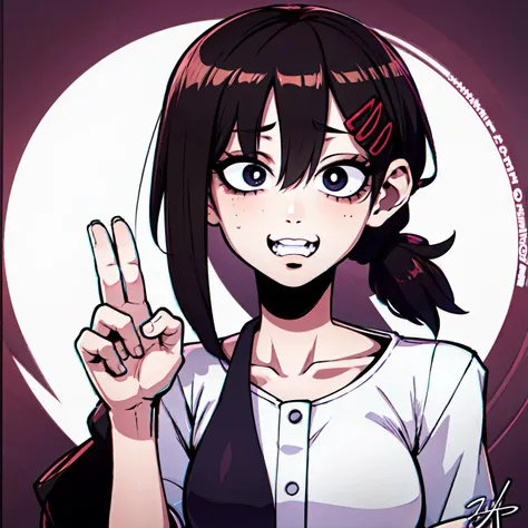 <lora:Character_Kobeni:1> kobeni <lora:JdotKdot:1> j.k., jk, looking at viewer, bangs, teeth, purple pupils, hair between eyes, signature