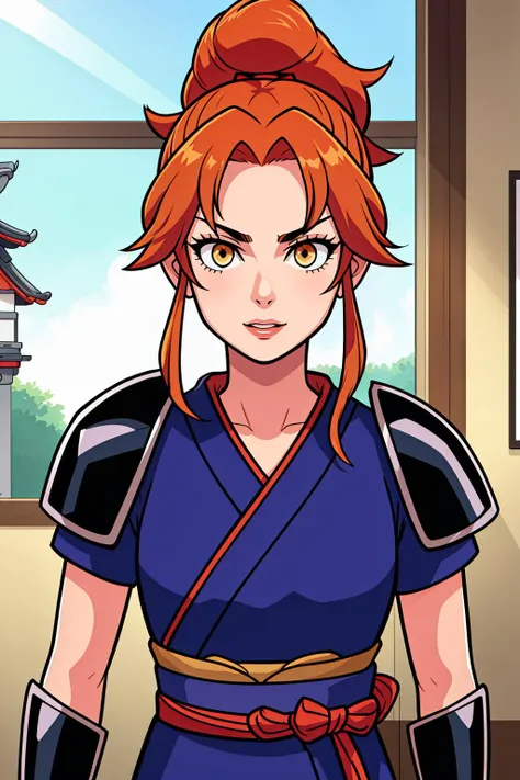 (high quality, best quality, sharp focus:1.2), (adult woman, 1girl, solo:1.1), (samurai, samurai armor:1.1), (ginger_hair, medium_hair, ponytail:1), (fit body:1), (hospital:1.1),