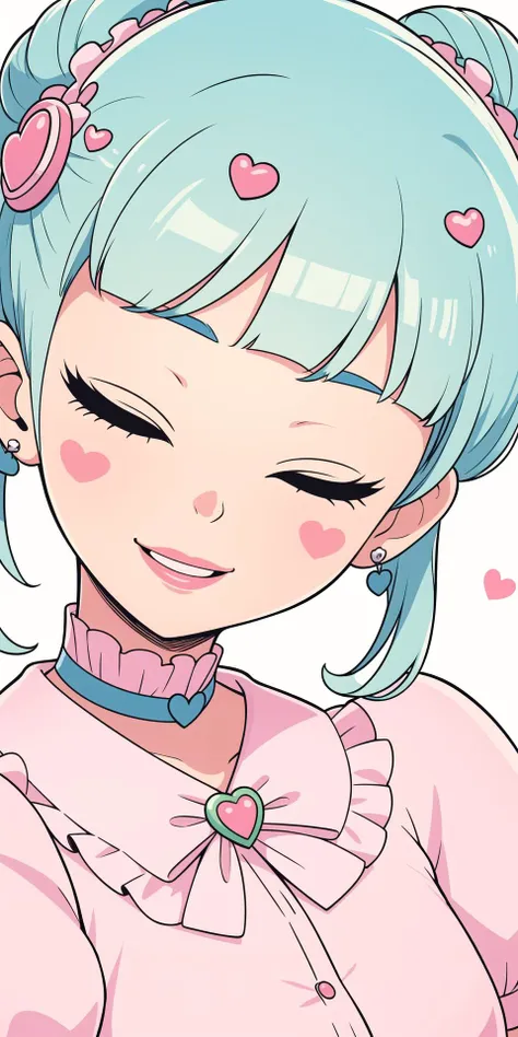 closed eyes,jewelry,green hair,puffy sleeves,1girl,hair bun,earrings,parted lips,shirt,yeshisi,heart earrings,choker,short hair,hair ornament,brooch,pink shirt,solo,pink lips,frills,double bun,purple bow,blush stickers,highres,colored eyelashes,scrunchie,collared shirt,polka dot,white background,blunt bangs,black choker,upper body,buttons,puffy short sleeves,hair scrunchie,heart,short sleeves,heart hair ornament,frilled sleeves,bow,hairclip,^ ^,heart brooch,pink sleeves,frilled shirt collar,smile