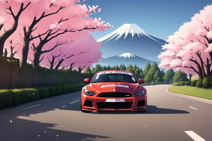 race car in front of Mt. Fuji, cherry blossoms,, (masterpiece),