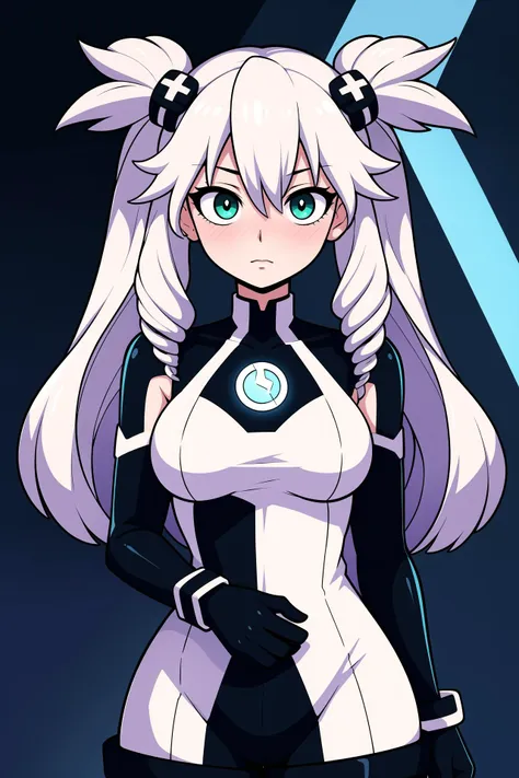 hotify,black sister,solo,choujigen game neptune mk2,blush,neptune \(series\),symbol-shaped pupils,1girl,black gloves,twin drills,green eyes,white hair,drill hair,black leotard,boots,absurdres,breasts,power symbol,highres,upper body