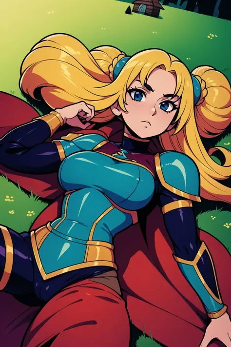 girl, (fantasy,isekai,warrior,paladin,village:1.2), armor,armour,Slim,Falling Breasts,Lying on back, perpendicular to the camera,Long Hair,Bun Hair ,(masterpiece,detailed,highres:1.4)