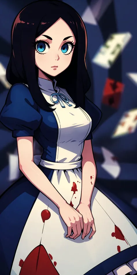 (chibi:0.5)
<lora:alicehorror:0.7>,black hair,blue and white dress, blue eyes,cards background,spiral,blood,blurry background