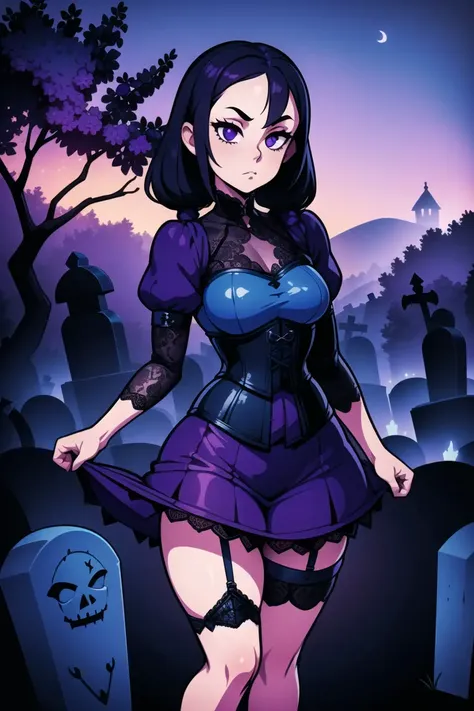 girl,(goth,dark,eyeliner:1.1), Dwarf, (graveyard:1.2),Plump,Very Small Breasts,Standing in an s-shape,Medium Hair,Pigtails,(lilac Corset,indigo Lace skirt:1.3),fate/stay night,Full Swimsuit ,(masterpiece,detailed,highres:1.4)