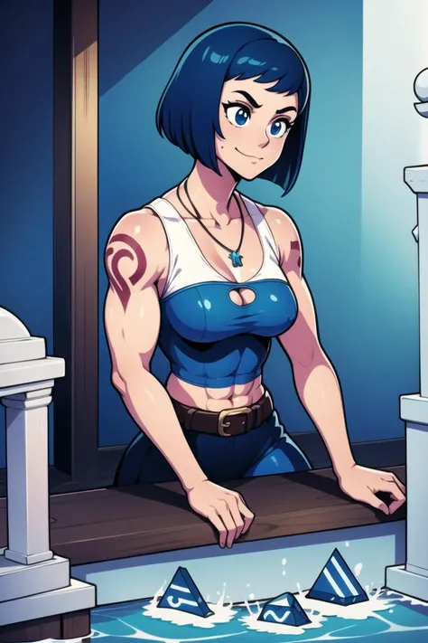 (female focus:1.1), solo, upper body, (1girl:1.1), human, sorcerer, muscular, abs, biceps, (medium breasts:1.1) (tan skin:1.1), pixie cut, blue hair, (tattoos:1.1), (scowling:0.8), half smile, aquamarine pendant, jewelry, dark blue sleeveless dress, midriff peek, cleavage cutout, belt, indoors, (crystals:0.9), (water:1.1), ice, ancient temple, ship's wheel, ocean, blue magic, stone altar, (runes:1.1), pillars, underwater, detailed background, DnD,