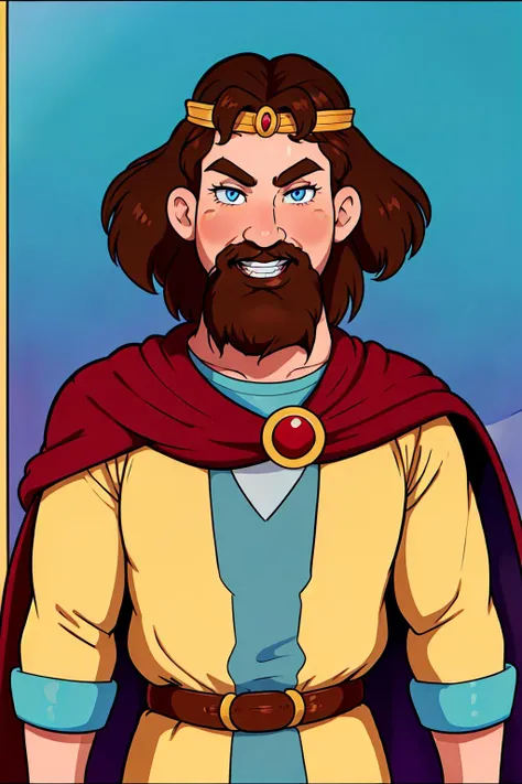 masterpiece, high quality, best quality, beautiful, hd, perfect lighting, detailed face, detailed body,solo, <lora:knyazkiv:0.6>, knyazkiv, looking at viewer, smile, blue eyes, brown hair, 1boy, upper body, male focus, cape, facial hair, blush stickers, thick eyebrows, crown, beard, circlet, mustache, red cape