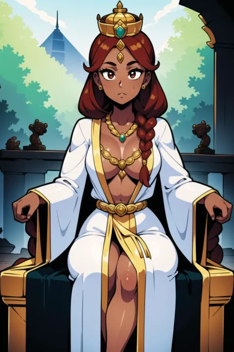girl,(jungle, ruins, gold,goddess,robe,jewels,dark skin:1.3), throne, crown, redhead, braids,Thicc,Tiny Breasts,Resting on a diagonal , ,(masterpiece,detailed,highres:1.4)