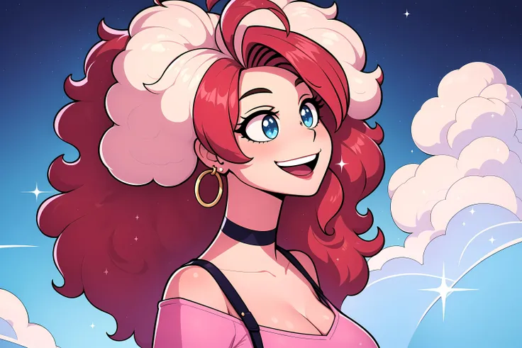 masterpiece, best quality, volumetric lighting, starry sky, 1girl, solo, from side, playing in a cloud, floating in the sky, fluffy hair, curly hair, streaked hair, heart ahoge, sparkling eyes, golden hoop earrings, choker, happy, smile, :D, simple clothes, <lora:floofy-bob-1.0:0.6> floofy bob, big hair, <lora:KTFv2_01:1.0>