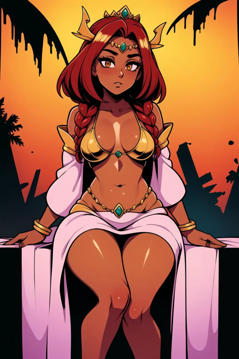 girl, (jungle, ruins, gold,goddess,robe,jewels,dark skin:1.3), throne, crown, redhead, braids,Thicc,Tiny Breasts,Resting on a diagonal ,(masterpiece,detailed,highres:1.4)