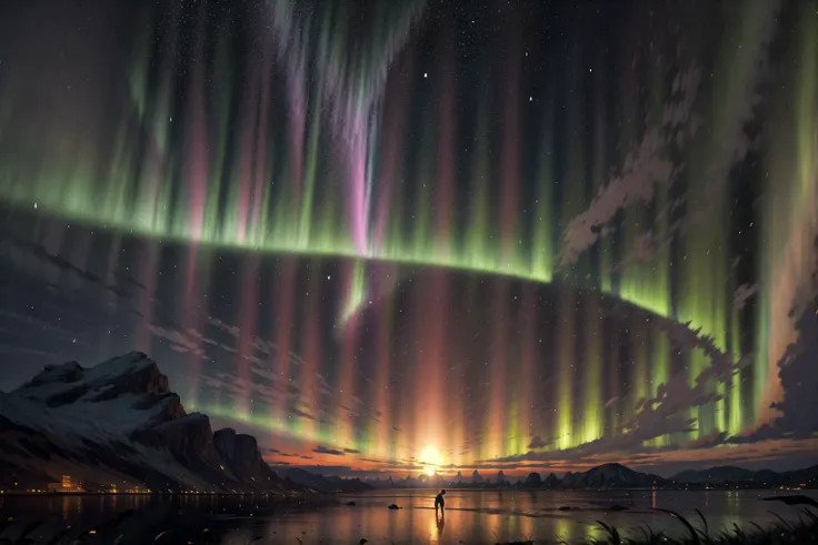 (detailed:1.3),
<lora:LightCoatCG:1> starry,strry light,night,colorful,cloud,star \(sky\),
advntr, landscape, scenery, Aurora Vale, A serene valley where the night sky dances with vibrant auroras, casting an ethereal glow upon the landscape:1.4,
Ultra-detail,(highres:1.1),best quality,(masterpiece:1.3),cinematic lighting,