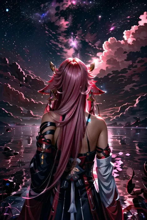 Highly detailed, High Quality, Masterpiece, beautiful, 1girl, <lora:LightCoatCG:1>, starry, strry light, night, colorful, cloud, star \(sky\), from behind, yae miko, long hair, pink hair, animal ears, <lora:Char_GenshinImpact_YaeMiko:0.75>, <lora:Other_MoreDetails:0.5>,