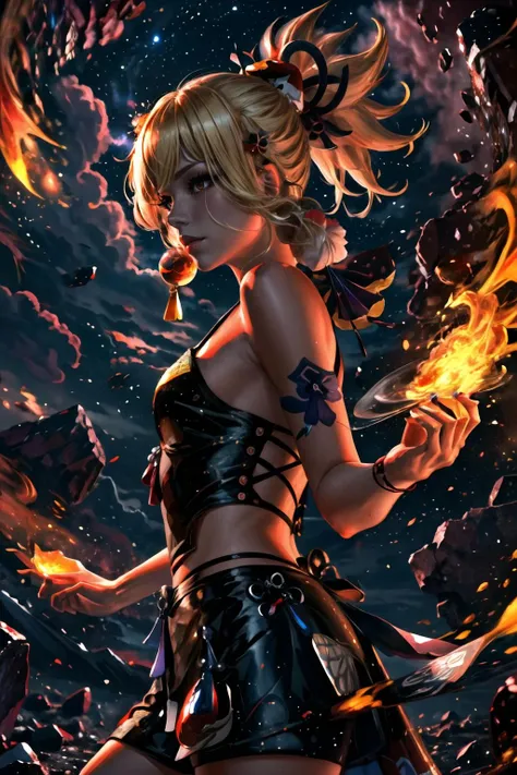 Highly detailed, High Quality, Masterpiece, beautiful, 1girl, <lora:LightCoatCG:1>, starry, strry light, night, colorful, cloud, star \(sky\), <lora:Other_MoreDetails:0.5>, Yoimiya\(genshin impact\), Yoimiya:1.2, <lora:Char_GenshinImpact_Yoimiya:0.6>, Surrounded by flames, <lora:VFX_Fire:0.3>, blonde hair,