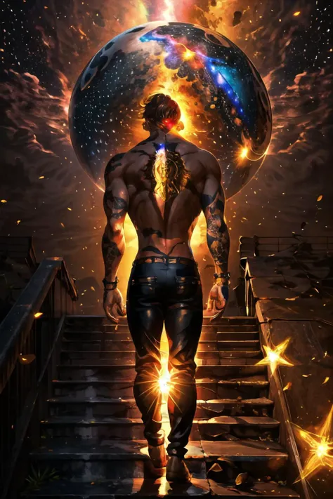 Highly detailed, High Quality, Masterpiece, beautiful, 1boy, <lora:LightCoatCG:1>, starry, strry light, night, colorful, cloud, star \(sky\), <lora:Other_MoreDetails:0.5>, <lora:escanor:0.95>, escanor, topless, tattoo, lion head on back, ghostdom, night, backlight, flowers:0.5, stairs, from behind, look at viewer, (milky way), (dark environment), (leo zodiac sign)