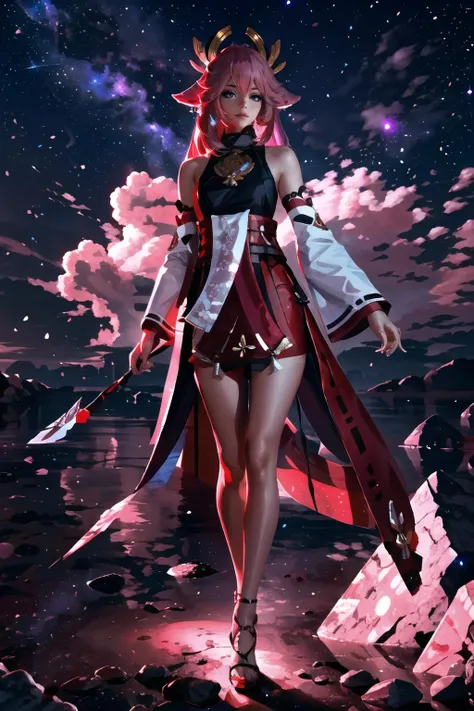 Highly detailed, High Quality, Masterpiece, beautiful, 1girl, <lora:LightCoatCG:1>, starry, strry light, night, colorful, cloud, star \(sky\), yae miko, long hair, pink hair, animal ears, <lora:Char_GenshinImpact_YaeMiko:0.75>, full body,