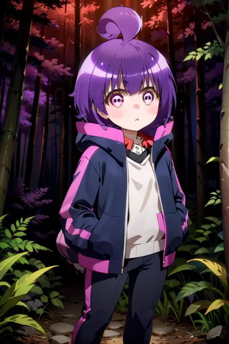 1girl named yayoi_hozuki, she has short purple hair with bangs,
Her eyes are red with a skill pattern,
she is wearing a long sleeved jacket and a white shirt,
she is standing in the forest, black pants
The soft lighting and detailed surroundings create an immersive environment where imagination runs wild hyper-detailed,hyper-detailed face, high quality visuals, dim Lighting, sharply focused, octane render, 8k UHD
 <lora:yayoi-000020:0.7>