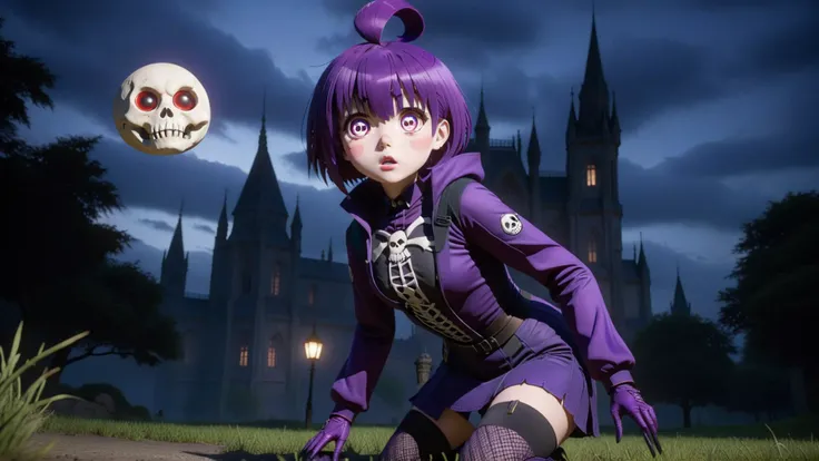 Hyper realistic, Masterpiece, Volumetric Lighting, Subsurface Scattering, Photorealistic, best quality, intricate details, tonemapping, sharp focus, hyper detailed, absurdres, highres, professional wide angle photograph, solo, 1girl, very short, 18 years old, yayoi_hozuki, short purple hair with bangs, red eyes with skull pattern, skin tight purple full body suit, midriff, purple thigh highs, purple high heels, hyper-detailed face, perfect hand anatomy, sexy expression, outdoors, night, night time, spooky otherworldly hues, intricate gothic horror costumes, fantastical gothic horror creatures, highly detailed gothic horror props, lavish gothic horror details, sweeping gothic horror vistas, embellished gothic horror architecture, surreal lighting, cinematic composition, SFW, Unreal Engine 5, Hyper realism, Hyper detailed, Vibrant otherworldly Colors, Raytraced, Dynamic Lights and Shadows, Depth, Masterpiece, Award Winning, Intricate Detail, Design, 8k, UHD, Wide Angle Shot, <lora:dark-gathering-yayoi-sdxl-v10:0.7>