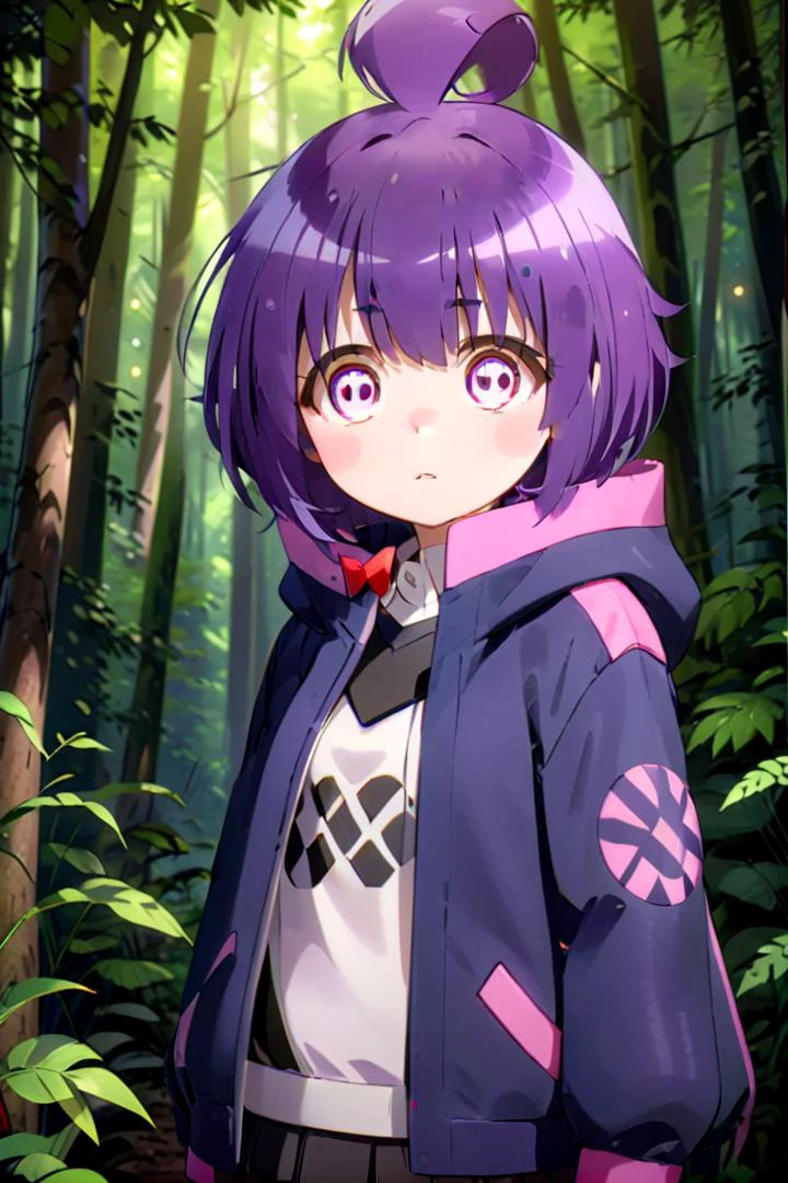 1girl named yayoi_hozuki, she has short purple hair with bangs,
Her eyes are red with a skill pattern,
she is wearing a long sleeved jacket and a white shirt,
she is standing in the forest,
The soft lighting and detailed surroundings create an immersive environment where imagination runs wild hyper-detailed,hyper-detailed face, high quality visuals, dim Lighting, sharply focused, octane render, 8k UHD
<lora:yayoi-000020:0.7>