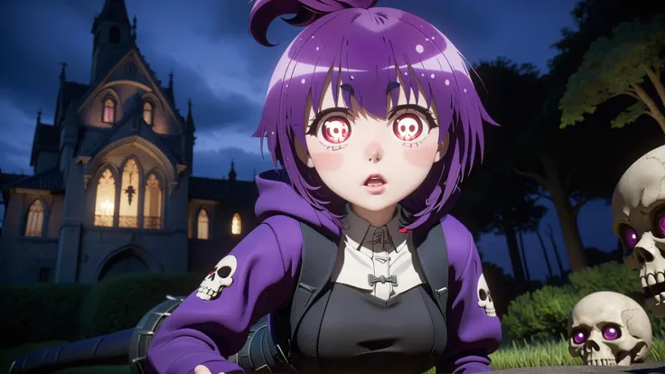 Hyper realistic, Masterpiece, Volumetric Lighting, Subsurface Scattering, Photorealistic, best quality, intricate details, tonemapping, sharp focus, hyper detailed, absurdres, highres, professional wide angle photograph, solo, 1girl, very short, 18 years old, yayoi_hozuki, short purple hair with bangs, ((red eyes with skull pattern:1.5)), skin tight purple full body suit, midriff, purple thigh highs, purple high heels, hyper-detailed face, perfect hand anatomy, sexy expression, outdoors, night, night time, spooky otherworldly hues, intricate gothic horror costumes, fantastical gothic horror creatures, highly detailed gothic horror props, lavish gothic horror details, sweeping gothic horror vistas, embellished gothic horror architecture, surreal lighting, cinematic composition, SFW, Unreal Engine 5, Hyper realism, Hyper detailed, Vibrant otherworldly Colors, Raytraced, Dynamic Lights and Shadows, Depth, Masterpiece, Award Winning, Intricate Detail, Design, 8k, UHD, Wide Angle Shot, <lora:dark-gathering-yayoi-sdxl-v10:0.7>