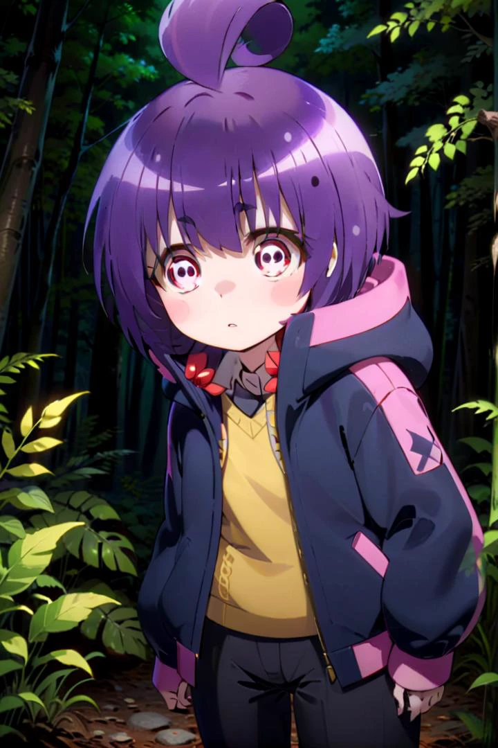 1girl named yayoi_hozuki, she has short purple hair with bangs,
Her eyes are red with a skill pattern,
she is wearing a long sleeved jacket and a white shirt,
she is standing in the forest, black pants
The soft lighting and detailed surroundings create an immersive environment where imagination runs wild hyper-detailed,hyper-detailed face, high quality visuals, dim Lighting, sharply focused, octane render, 8k UHD
<lora:yayoi-000020:0.7>